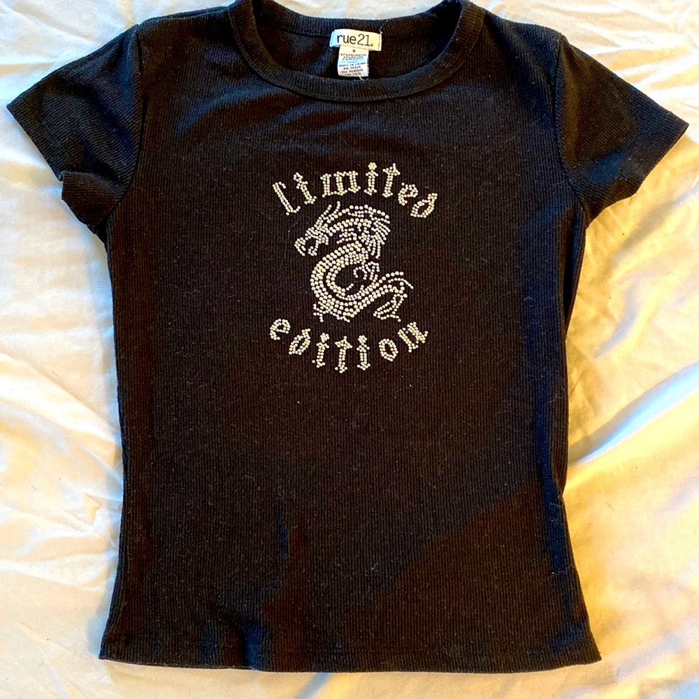 rue 21 black rhinestone tshirt “limited edition”, size small.